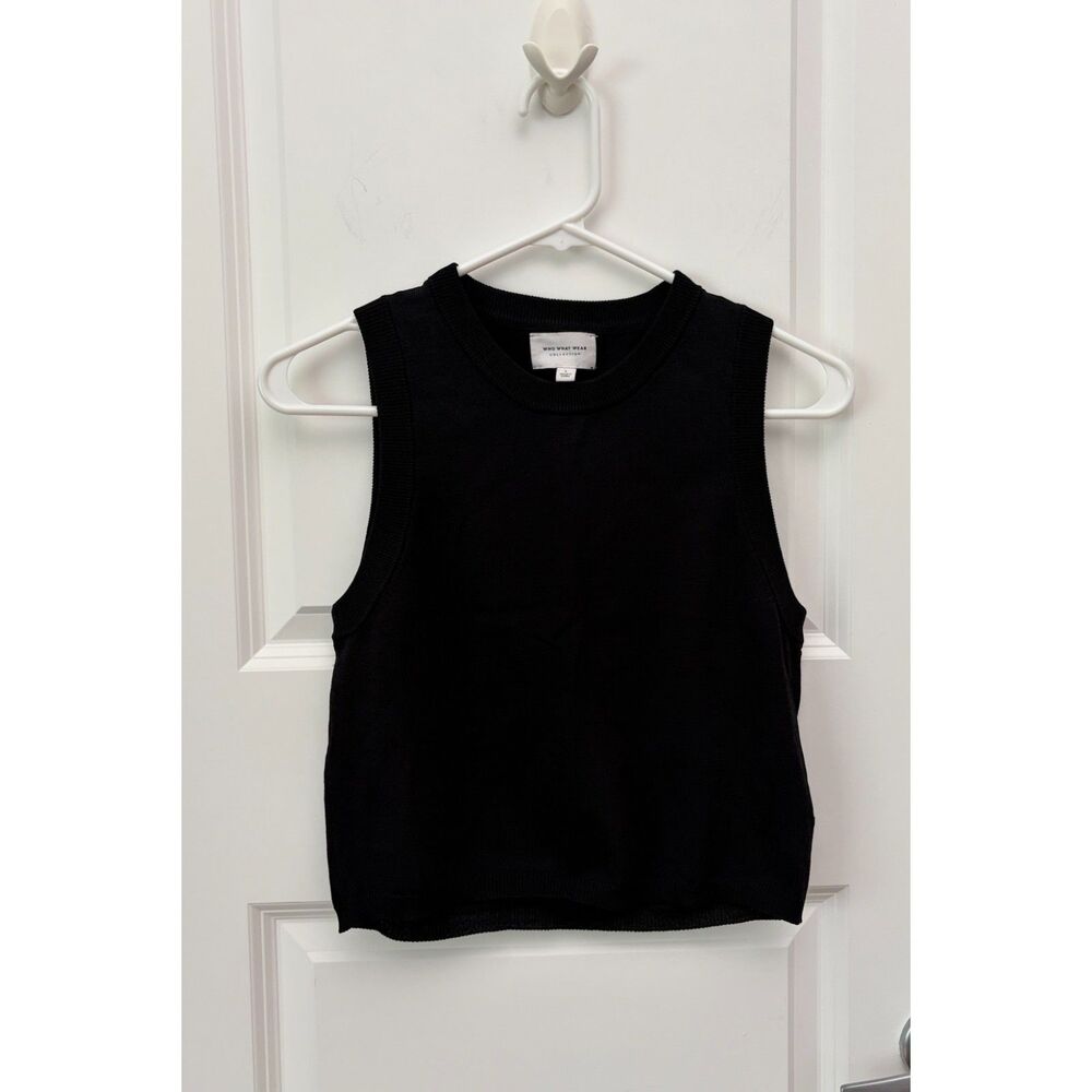 Black Crewneck Knit Tank Top Sleeveless Crop Sweater Sz L Capsule Quiet Luxury